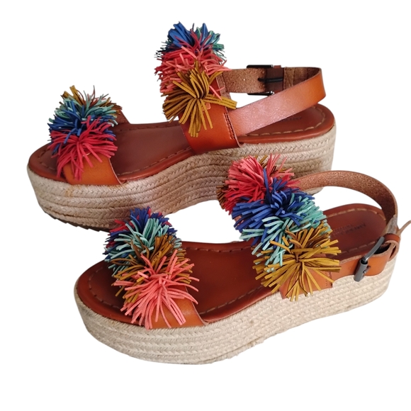 American Eagle Outfitters Brown Espadrille Sandals with Multicolor Pom Poms - Picture 2 of 12